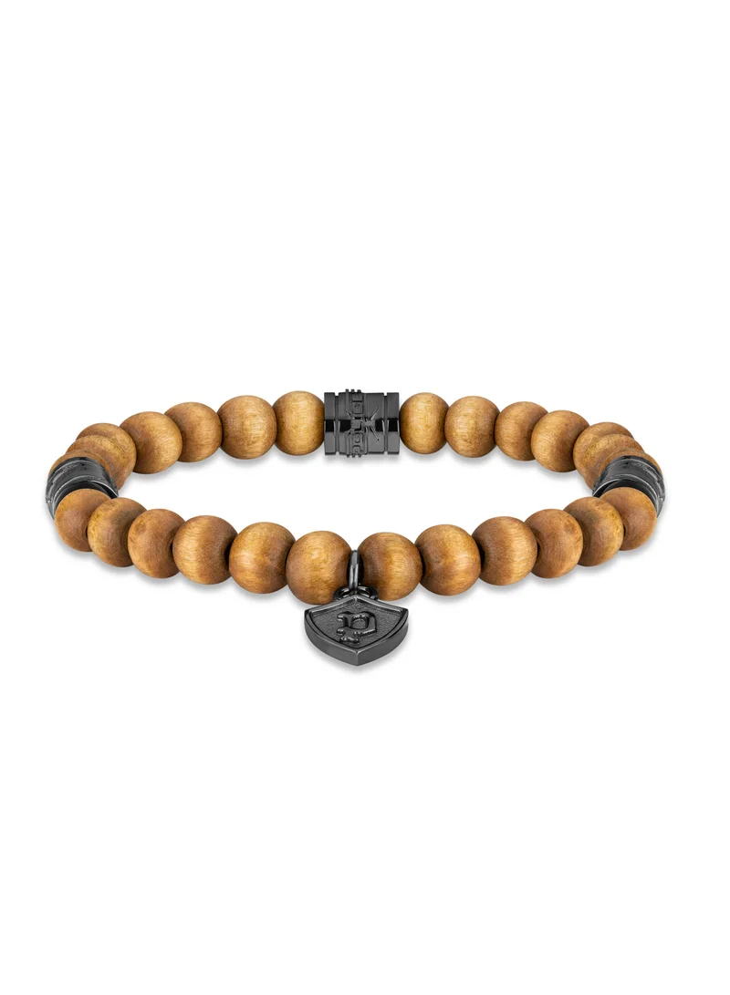 Police Talisman Grey & Brown Wood P Crest Beads Bracelet for Men Size L
