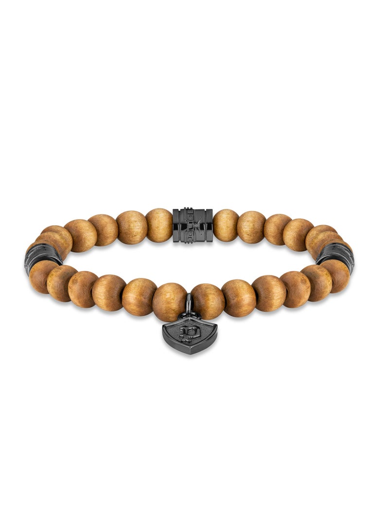 POLICE Talisman Grey & Brown Wood P Crest Beads Bracelet for Men Size L - Image 1