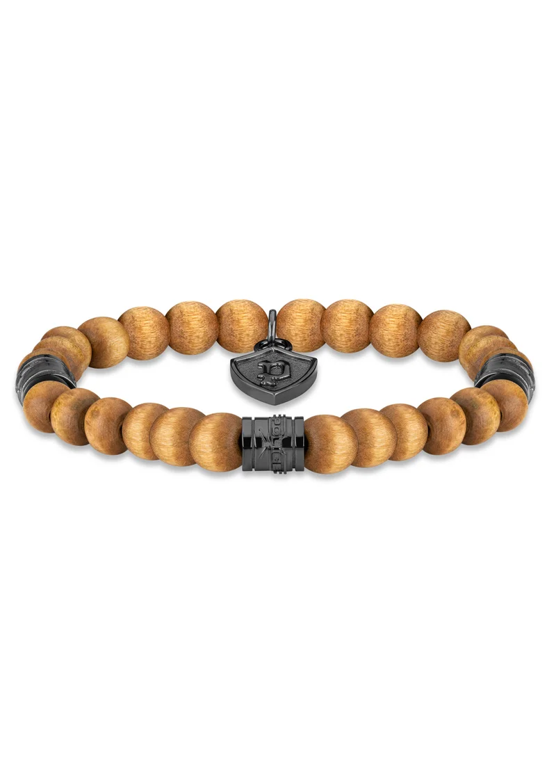 Police Talisman Grey & Brown Wood P Crest Beads Bracelet for Men Size L