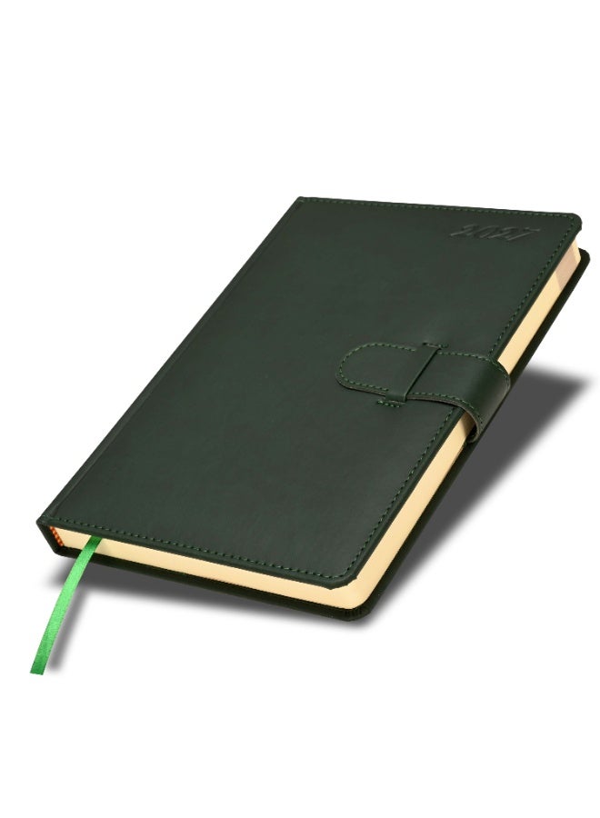 FIS 2027 Agenda Diary, 170x240mm, 1 Side Padded & Sewn Italian PU Cover, Round Corner with Strap Closure, 1 Day a Page Format, English, 70gsm Italian Ivory Paper, Green Cover-FSDI75E27GR - Image 1