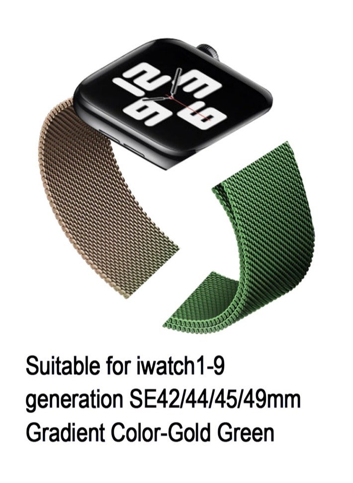 Generic - Gold-green gradient woven metal watch strap is adjustable and compatible with Apple Watch 1-9 generations SE42/44/45/49mm iWatch watch strap - Image 1