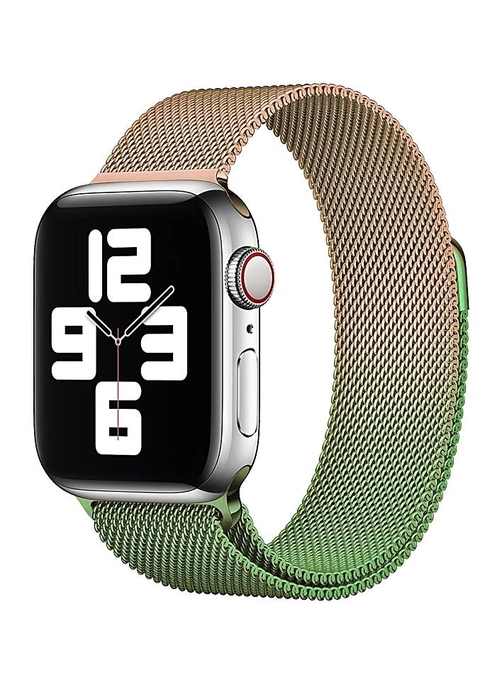 Gold-green gradient woven metal watch strap is adjustable and compatible with Apple Watch 1-9 generations SE42/44/45/49mm iWatch watch strap - Image 1