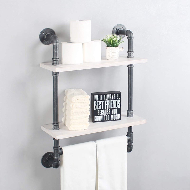 Industrial Pipe Shelf Bathroom Shelves Wall Mounted196in Rustic Wood Shelf with Towel Bar2 Tier Farmhouse Towel Rack Over ToiletPipe Shelving Floating Shelves Towel HolderRetro White