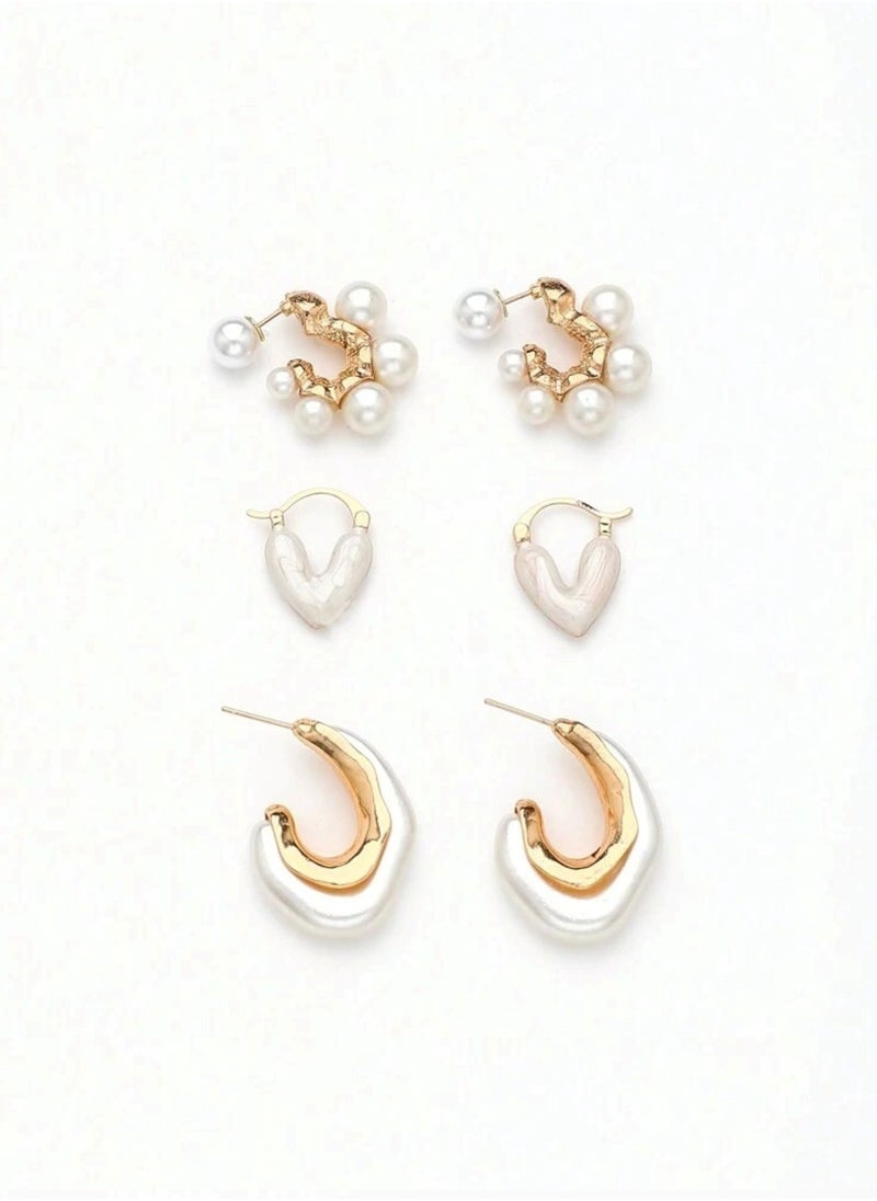 Huitich Stylish Pearl Embellished Earrings Set 3 Elegant Designs  - Image 1