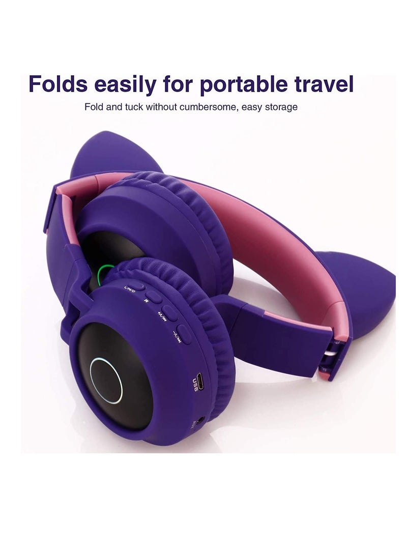 Wireless Bluetooth Kids Headphones, Cat Ears Bluetooth Over Ear Headphones Volume Limiting,LED Lights, FM Radio, TF Card, Aux, Mic for iPhone/iPad/Kindle/Laptop/PC/TV (PURPLE) - Image 3
