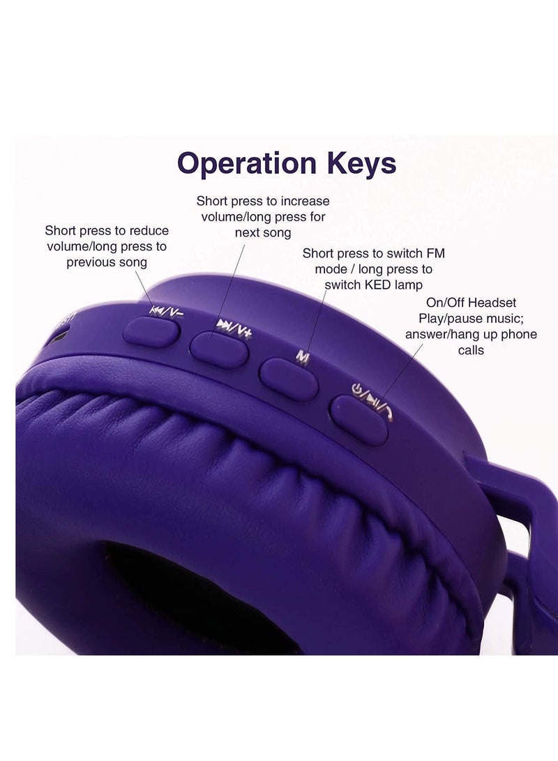 Wireless Bluetooth Kids Headphones, Cat Ears Bluetooth Over Ear Headphones Volume Limiting,LED Lights, FM Radio, TF Card, Aux, Mic for iPhone/iPad/Kindle/Laptop/PC/TV (PURPLE) - Image 5
