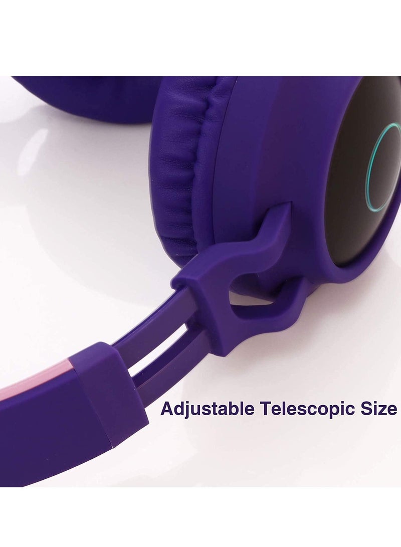 Wireless Bluetooth Kids Headphones, Cat Ears Bluetooth Over Ear Headphones Volume Limiting,LED Lights, FM Radio, TF Card, Aux, Mic for iPhone/iPad/Kindle/Laptop/PC/TV (PURPLE) - Image 4