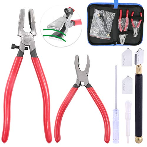 Glarks 4Pcs Heavy Duty Glass Running Pliers Tools Set, Breaker Grozer Plier with Glass Cutter and Pencil Style Oil Feed Carbide Tip Glass Cutter for Mosaic/Tiles/Mirror/Stained Glass Cutting - Image 1