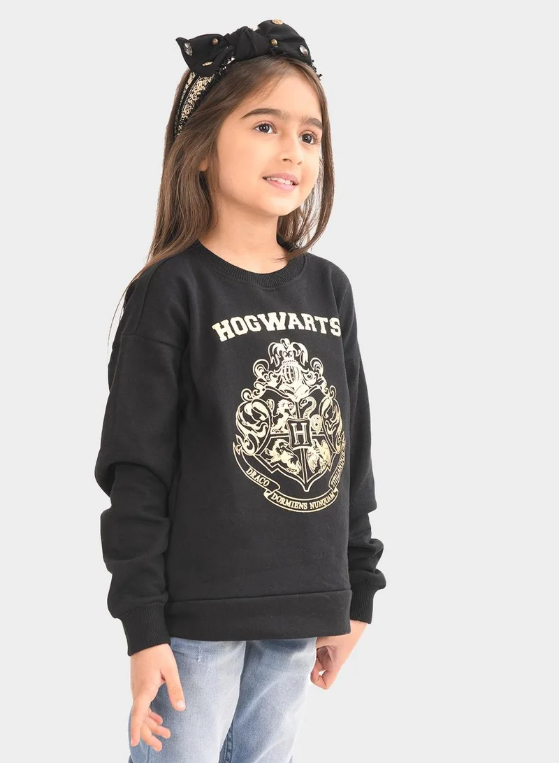 Bonkids Regular Fit Printed Black Cotton Sweatshirt For Girls Round Neck Flat Collar Pull On 100 % Cotton
