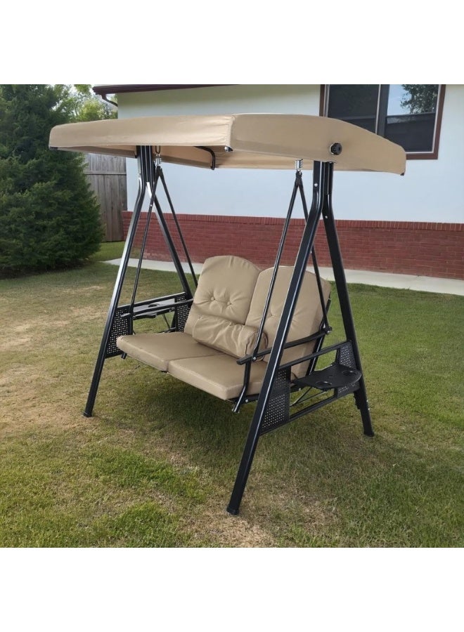 فاملي شيب كرسي أرجوحة مقعدين مع مظلة للمساحات الخارجية – تصميم عصري لون بيج - Image 1