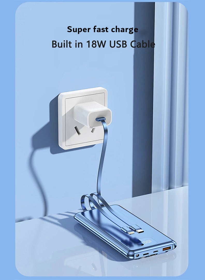 Theodor Power Bank USB C 10000mAh,Portable Charger with Built in Cable,PD & QC 20W Fast Charging Battery Charger,4 Output 2 Input LED Display External Battery Compatible with iPhone, Android- Blue  - Image 4