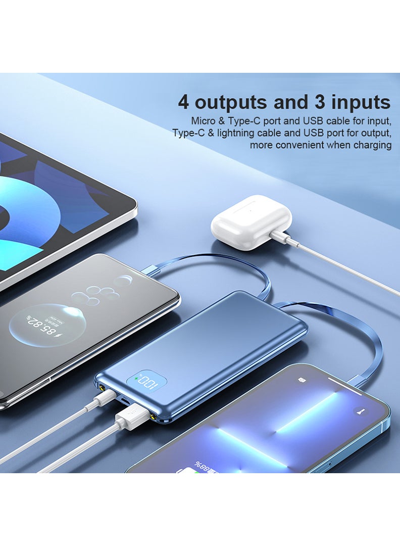 Theodor Power Bank USB C 10000mAh,Portable Charger with Built in Cable,PD & QC 20W Fast Charging Battery Charger,4 Output 2 Input LED Display External Battery Compatible with iPhone, Android- Blue  - Image 2