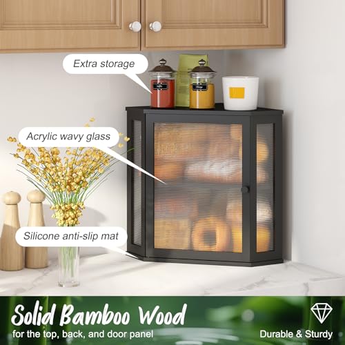 Vriccc Corner Bread Box, Large Bamboo Bread Box for Kitchen Countertop, 2 Tier Wooden Bread Storage, Black - Image 4