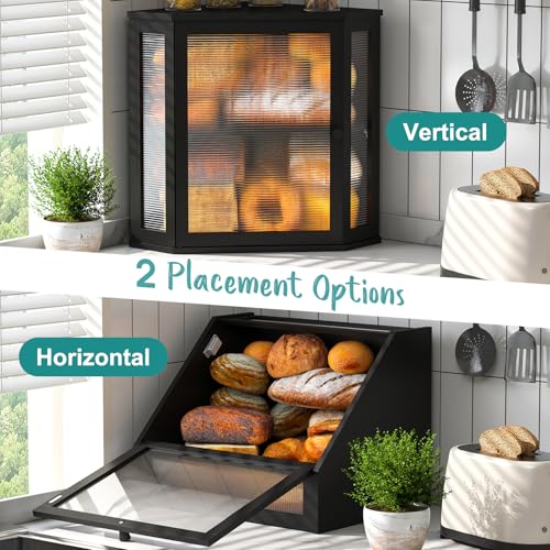 Vriccc Corner Bread Box, Large Bamboo Bread Box for Kitchen Countertop, 2 Tier Wooden Bread Storage, Black - Image 3