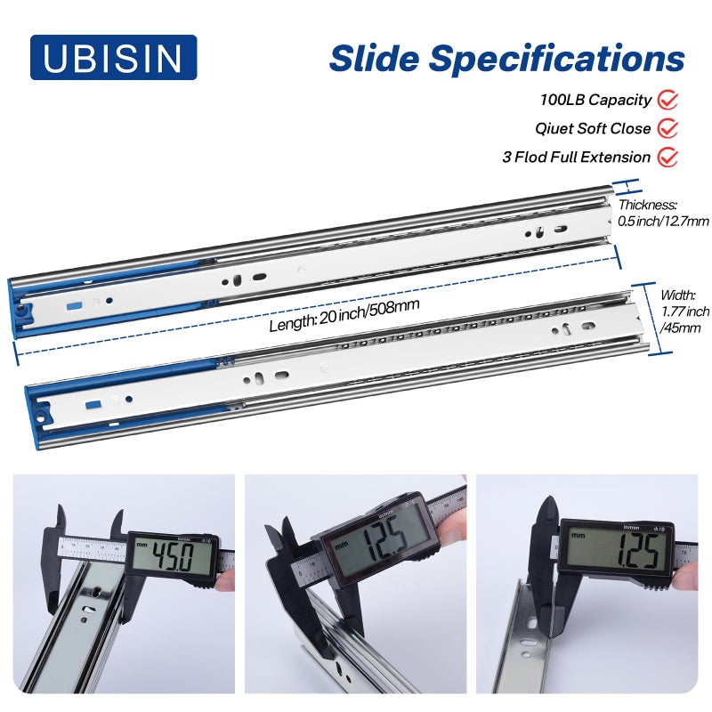 Ubisin Soft Close Ball Bearing Drawer Slides 20 Inch, 5 Pairs 3-Section Full Extension Drawer Glides Heavy Duty Steel Side Mount Rails for Kitchen Cabinetï¼ŒTool Chestï¼ŒOffice Furnitureï¼Œ100 LBS - Image 2