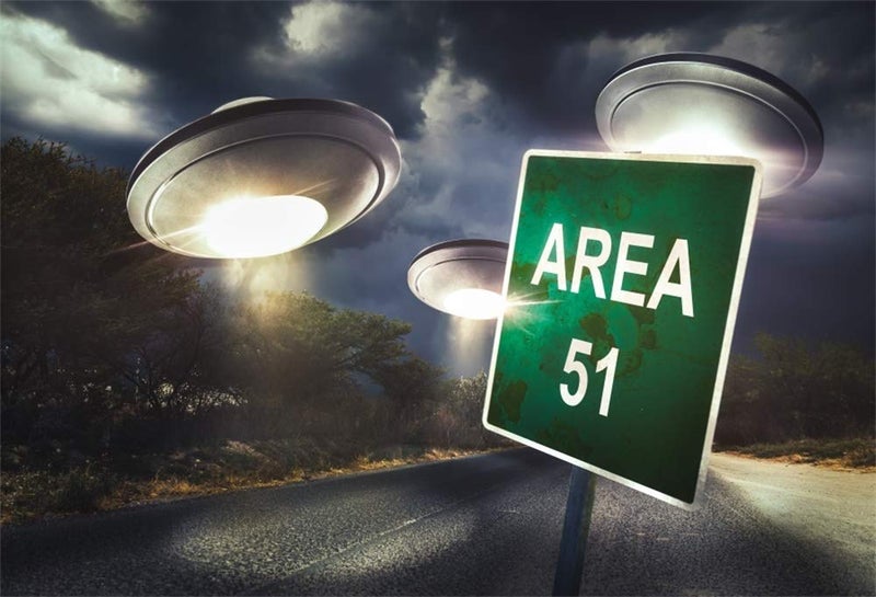 AOFOTO 7x5ft UFO Photography Backdrop Area 51 Sign Road Trees Dark Clods Nightscape Background UFO Invasion Earth Spacecraft Spaceship Baby Boy Man Happy Birthday Performance Decor Photo Booth Prop