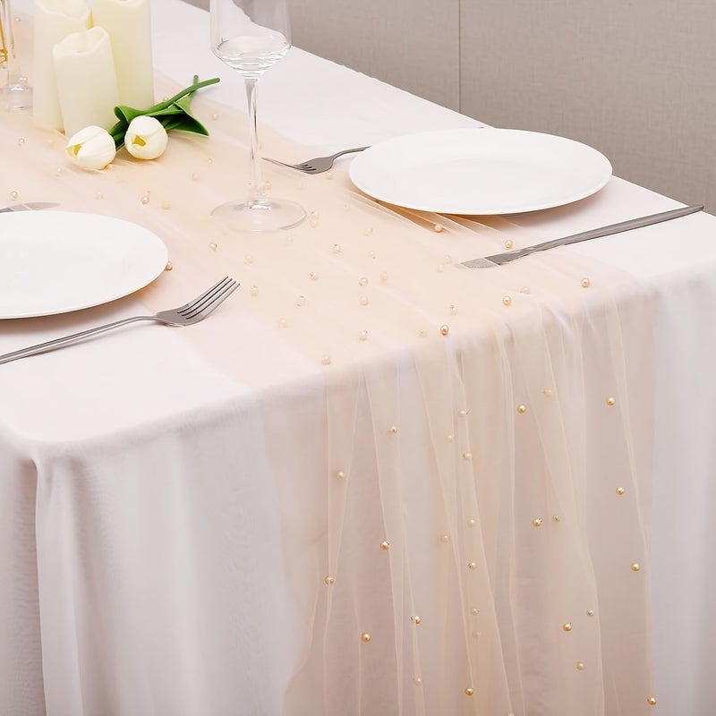 Champagne Pearl Table Runner 30 X 120 Inch Tulle Lace For Wedding Party Thanksgiving - Image 1