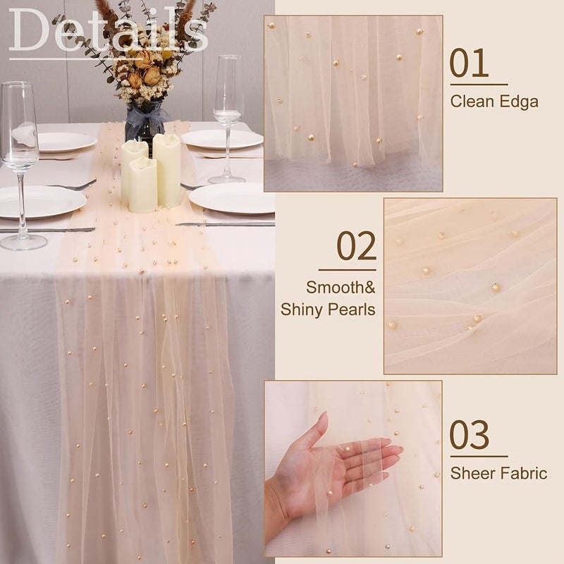 Champagne Pearl Table Runner 30 X 120 Inch Tulle Lace For Wedding Party Thanksgiving - Image 2
