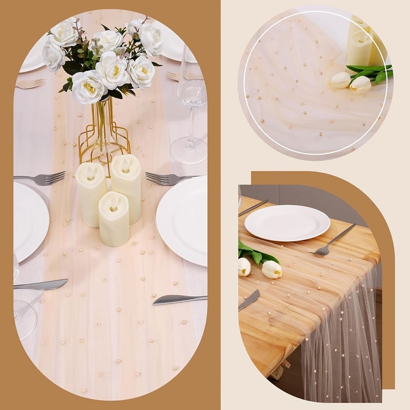 Champagne Pearl Table Runner 30 X 120 Inch Tulle Lace For Wedding Party Thanksgiving - Image 4