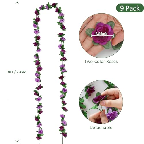 KHOYIME 9 Pack 72 FT Artificial Flower Garland, Fake Purple Roses Vines Silk Flowers Faux Plastic Outdoor Hanging Floral Ivy Garland Decoration for Wedding Arch Bedroom Home Wall Backdrop Room Decor - Image 3