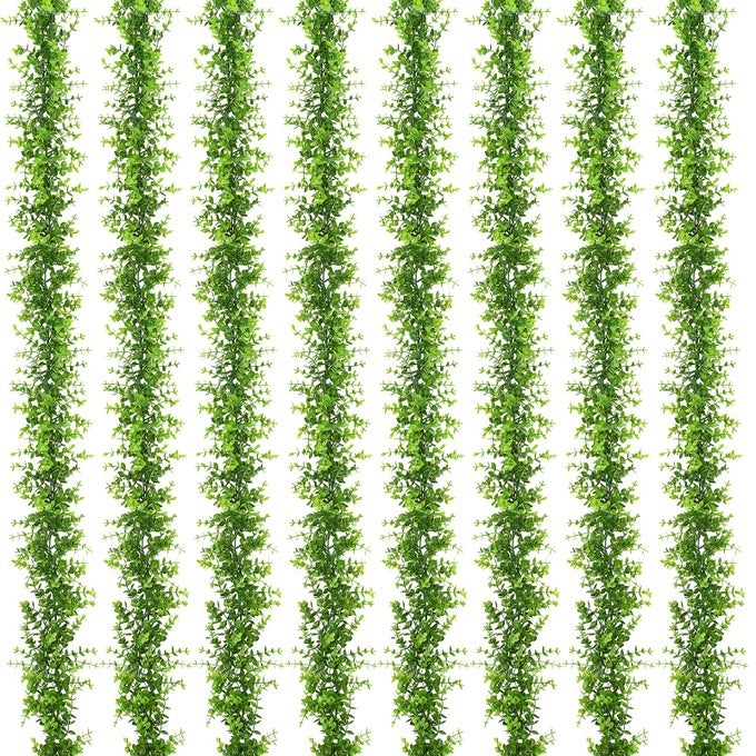8 PACKS FAUX EUCALYPTUS GREENERY GARLAND 48FT ARTIFICIAL EUCALYPTUS LEAVES VINE FAKE HANGING GARLANDS WEDDING BACKDROP ARCH WALL TABLE PARTY DECOR GREEN