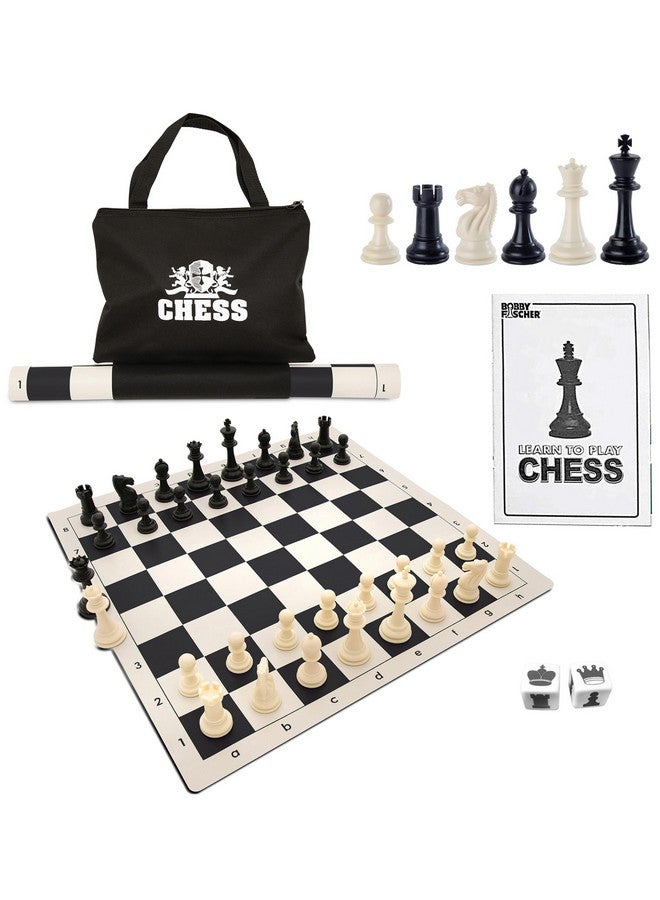 WE Games طقم شطرنج بطولة WE Games - لوحة شطرنج للبالغين مع 34 قطعة، لوحة فينيل قابلة للطي، ملحقات وحقيبة سفر، أسود وأبيض - Image 1