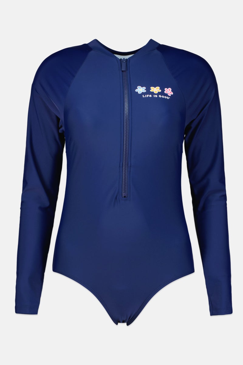 Life is Good Women Lightly Padded Long Sleeves One Piece Swimsuit, Blue - Image 2