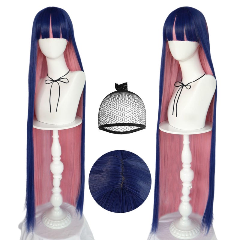 ANOGOL Hair Cap Blue Mix Pink Wig 105cm Long Straight Stocking Wig for Girl with Bangs Costume for Women Synthetic Hair Wigs for Stocking Cosplay Halloween Wig Anime Party