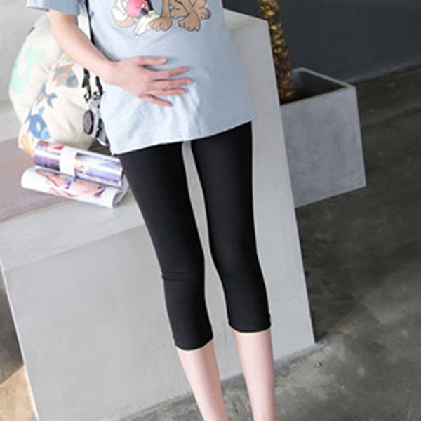 New Pregnant Womens Summer Half-sleeved T-shirt suit Korean Pregnant Womens Spring Mid-length Top dress Two-piece Set Black 7-point belly pants [single piece]]