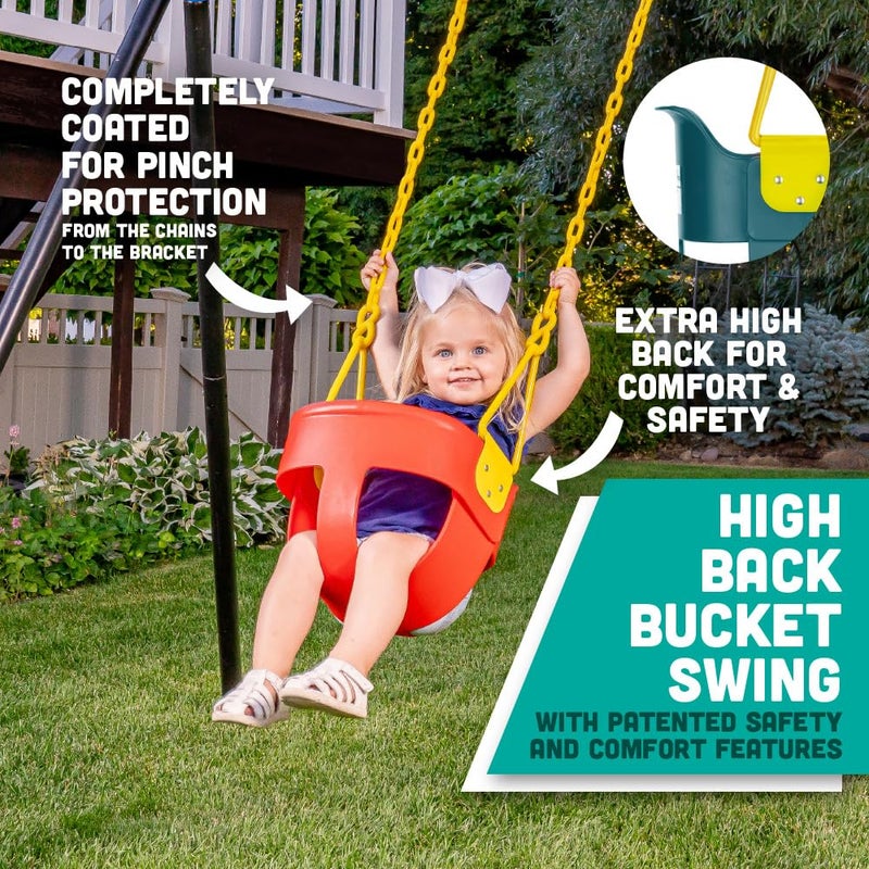 Squirrel Products Premium High Back Full Bucket Toddler Swing Seat with Finger Grip Plastic Coated Chains and Carabiners for Easy Install  Red  Squirrel Products - Image 3
