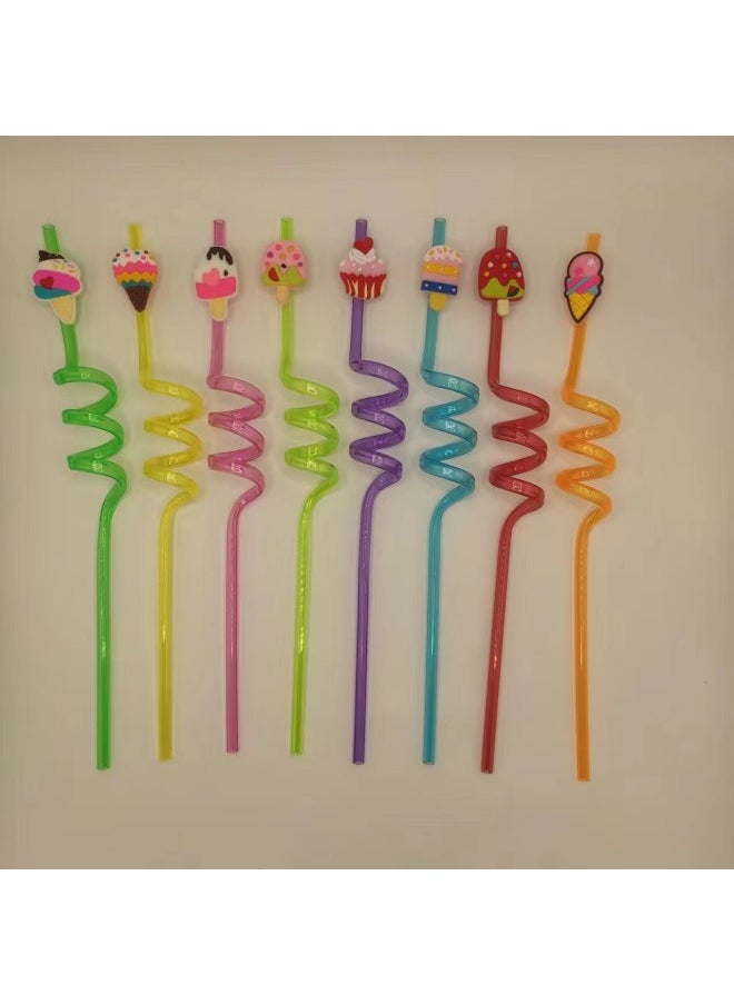 Generic - Ice Cream Series Spiral Straw Suit Direct Children's Party Reusable-Color:24 Pack + 2 Brushes - Image 1