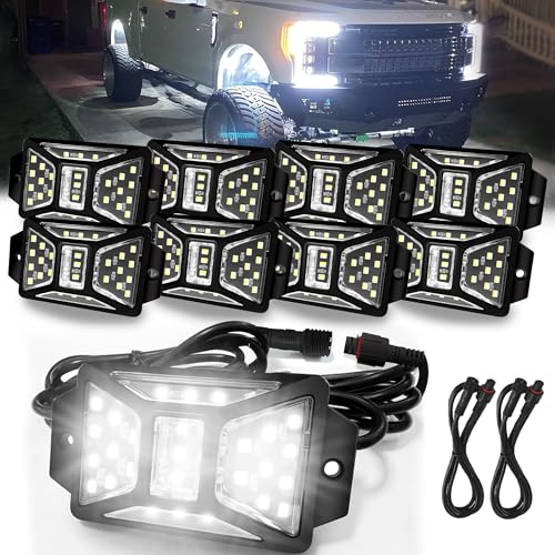 Auto Buero 8 Pods Pure White Rock Lights with 2 Pack Connectors Extension Wires,Waterproof Rock Lights Compatible with Trucks Jeep UTV SUV ATV Boat Golf Cart, Mess Free Two-Path Wiring Underglow Kits - Image 1