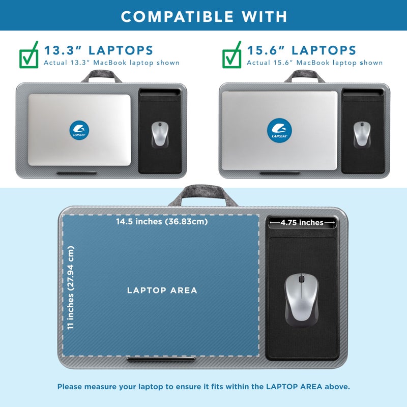 LapGear طاولة مكتب منزلية LAPGEAR مع حافة للأجهزة، وسادة ماوس، وحامل هاتف - كربون فضي - تناسب حتى أجهزة الكمبيوتر المحمولة بحجم 15.6 بوصة - رقم الطراز 91585 - Image 3