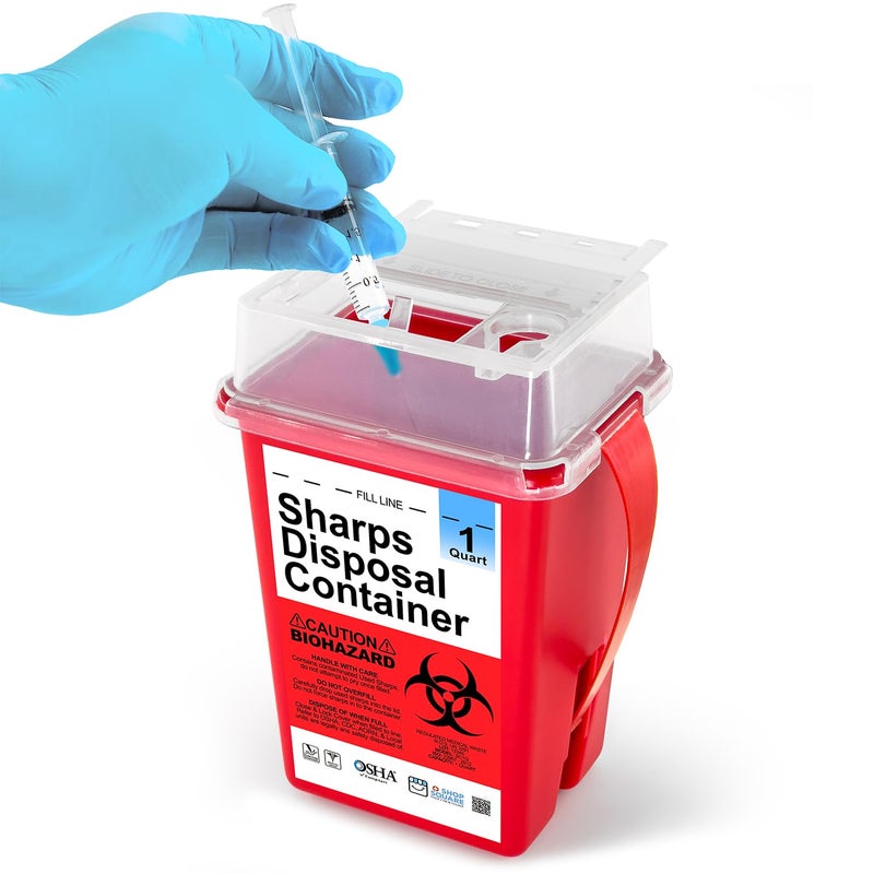 Shop Square Sharps Containers for Home Use, Needle Disposal, Sharps Disposal, Small Biohazard Containers - 1 Quart - Image 1