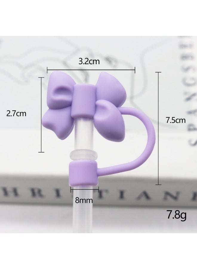 Silicone Straw Cap 8-10mm Cute Flower Doll Dust Cap Can Be Recycled Straw Plug-Color:Silicone Purple Bow 8mm-Specifications:Bagged Without Straw - Image 1