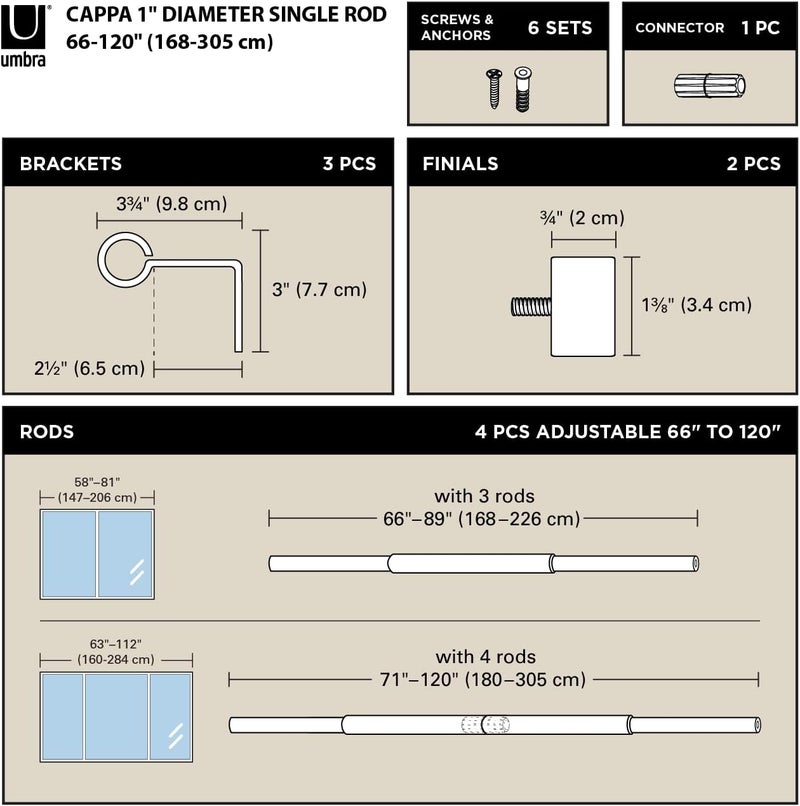 UMBRA Cappa Modern 1" Curtain Rod 66-120", Includes 2 Matching Finials, Brackets & Hardware, Brass - Image 3