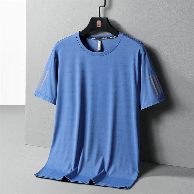 T-Shirt Men'S Summer Loose Plus Size Short Sleeve Ice Silk Three Bars Bottoming Shirt Round Neck Half Sleeve Thin Quick-Drying T-Shirt Fashion - Image 1