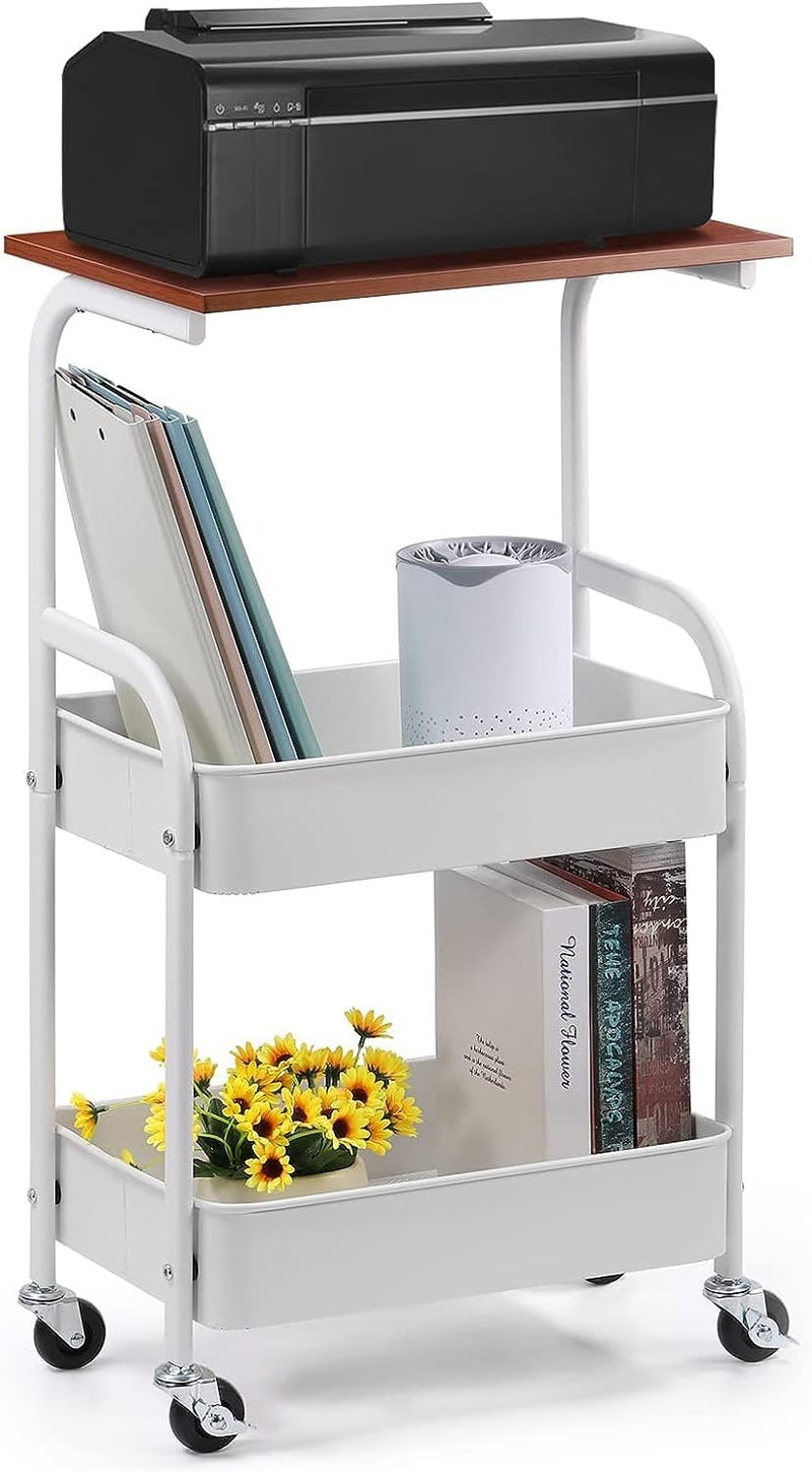 Mobile Printer Stand With Storage Shelves - 3 Tier Table on Wheels, Industrial Rolling Holder, Wood Machine Stand Rack for Fax, Home Utility Organizer - Image 1