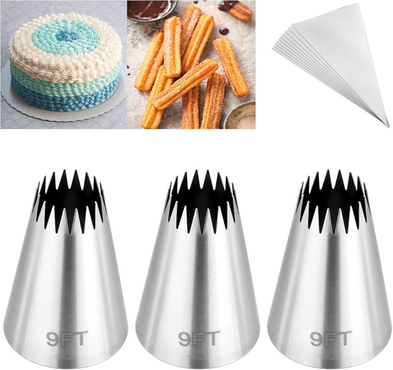 Kasmoire 3Pcs Churro Piping Bags and Tips Set,Stainless Steel 9FT Icing Tips Set with 10Pcs Disposable Piping Bags,Open Star Pastry Tips for Cake Decorating - Image 1