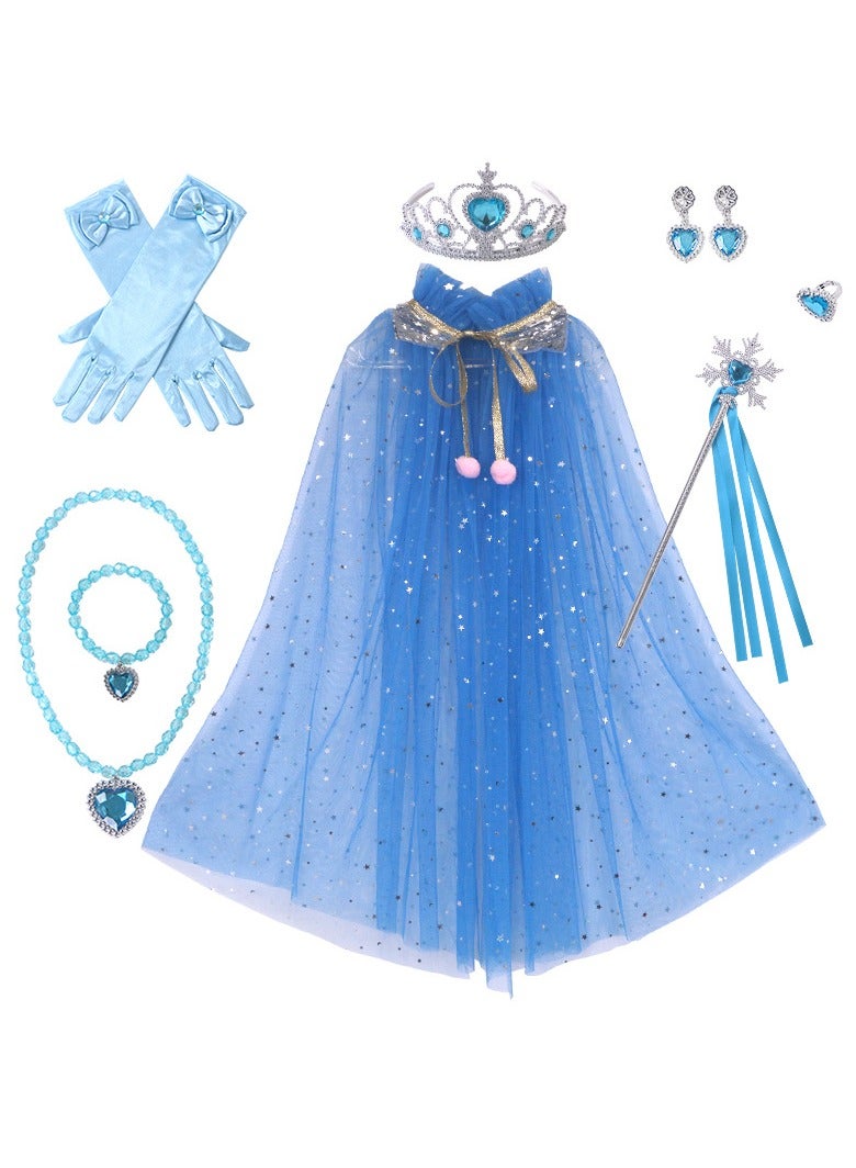 Princess Dress Up Party Accessories with Crown Wand Gloves Necklace Earrings & 7 Pieces Girls Princess Cloak with Tiara Crown, Wand(Blue) - Image 1
