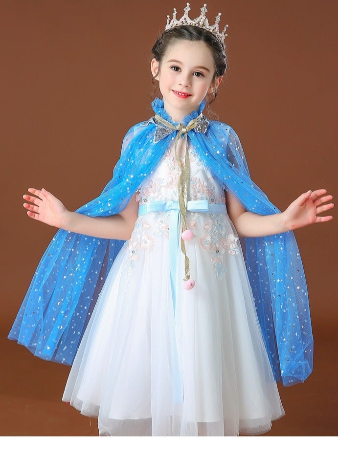 Princess Dress Up Party Accessories with Crown Wand Gloves Necklace Earrings & 7 Pieces Girls Princess Cloak with Tiara Crown, Wand(Blue) - Image 3