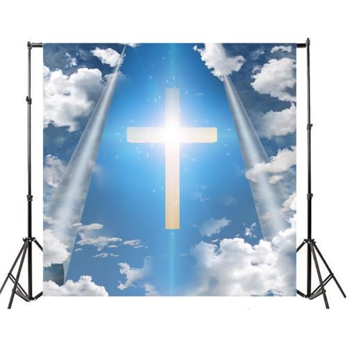 AOFOTO 5x5ft Christian Cross in Blue Sky Backdrop Divine Light Jesus Christ Easter Crucifix Photography Background Our Lord Resurrection Religious Lent Holy Week Passion Photo Studio Props Vinyl - Image 2