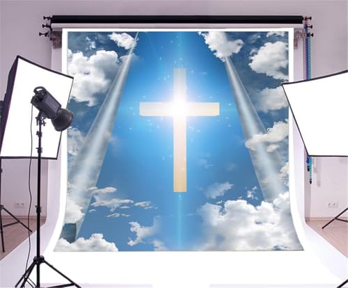 AOFOTO 5x5ft Christian Cross in Blue Sky Backdrop Divine Light Jesus Christ Easter Crucifix Photography Background Our Lord Resurrection Religious Lent Holy Week Passion Photo Studio Props Vinyl - Image 5