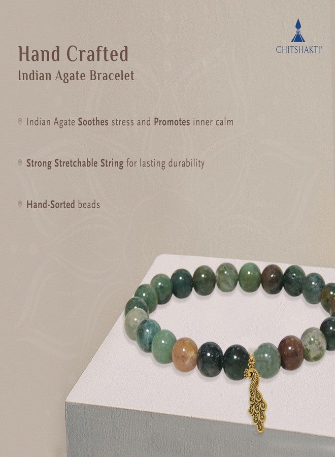 Chitshakti Natural Indian Agate Bracelet with Charm | 8mm Semi-Precious Stone Beads | Handmade Stretchable Unisex Crystal Jewelry. - Image 4