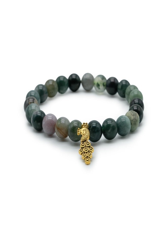 Chitshakti Natural Indian Agate Bracelet with Charm | 8mm Semi-Precious Stone Beads | Handmade Stretchable Unisex Crystal Jewelry. - Image 1