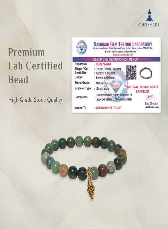 Chitshakti Natural Indian Agate Bracelet with Charm | 8mm Semi-Precious Stone Beads | Handmade Stretchable Unisex Crystal Jewelry. - Image 2