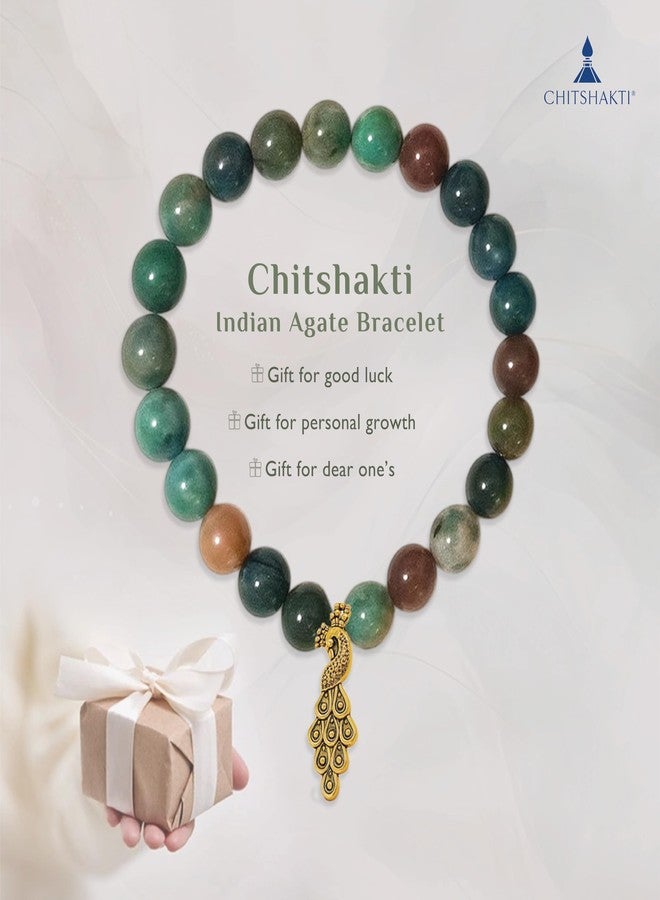 Chitshakti Natural Indian Agate Bracelet with Charm | 8mm Semi-Precious Stone Beads | Handmade Stretchable Unisex Crystal Jewelry. - Image 3