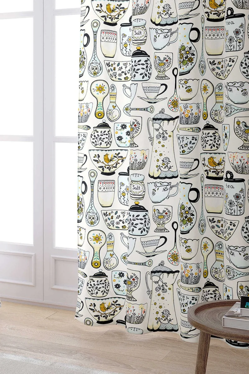 كانغو هوم White Yellow Decorative Tile Patterned Digital Printed Curtain CGH606-PR