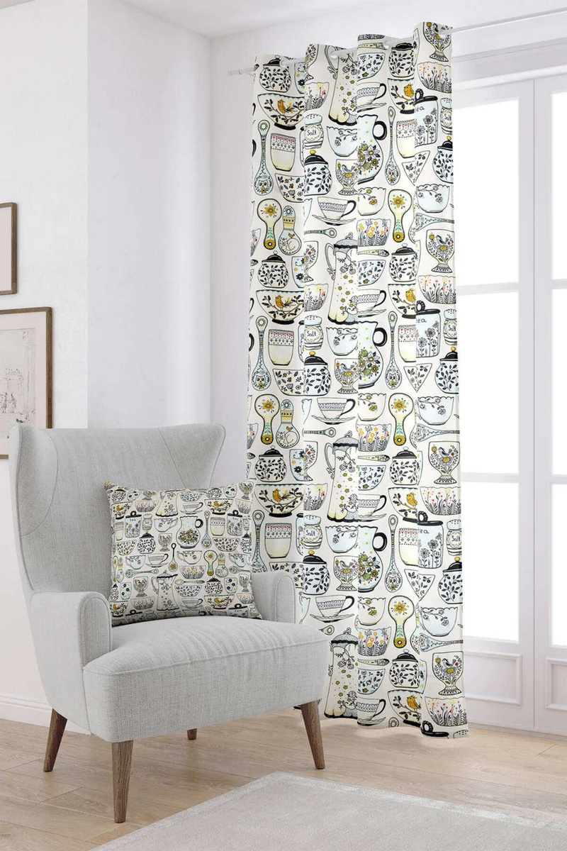 كانغو هوم White Yellow Decorative Tile Patterned Digital Printed Curtain CGH606-PR