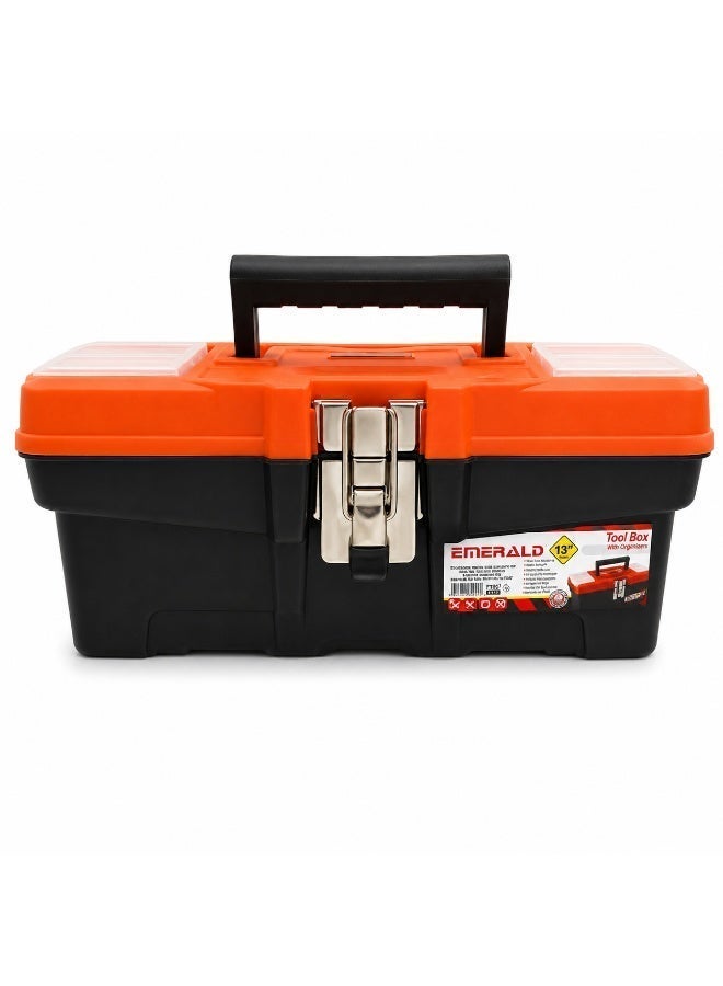 Emerald 13inch Plastic Tool Box With Metal Lock, Portable Storage Toolbox Organizer For Hand Tools, Hardware, Screws, Drill Bits And Workshop Use - Image 1